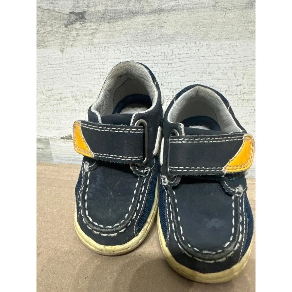 Jumping Jack‎ Boat Shoes Boys 5.5W Navy Yellow Hook Loop Loafers Wide